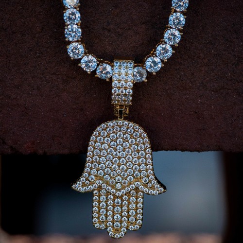 Diamond Hamsa Hand Evil Eye w/ Tennis Chain Real Icy Choker Necklace Yellow Gold - Picture 1 of 5