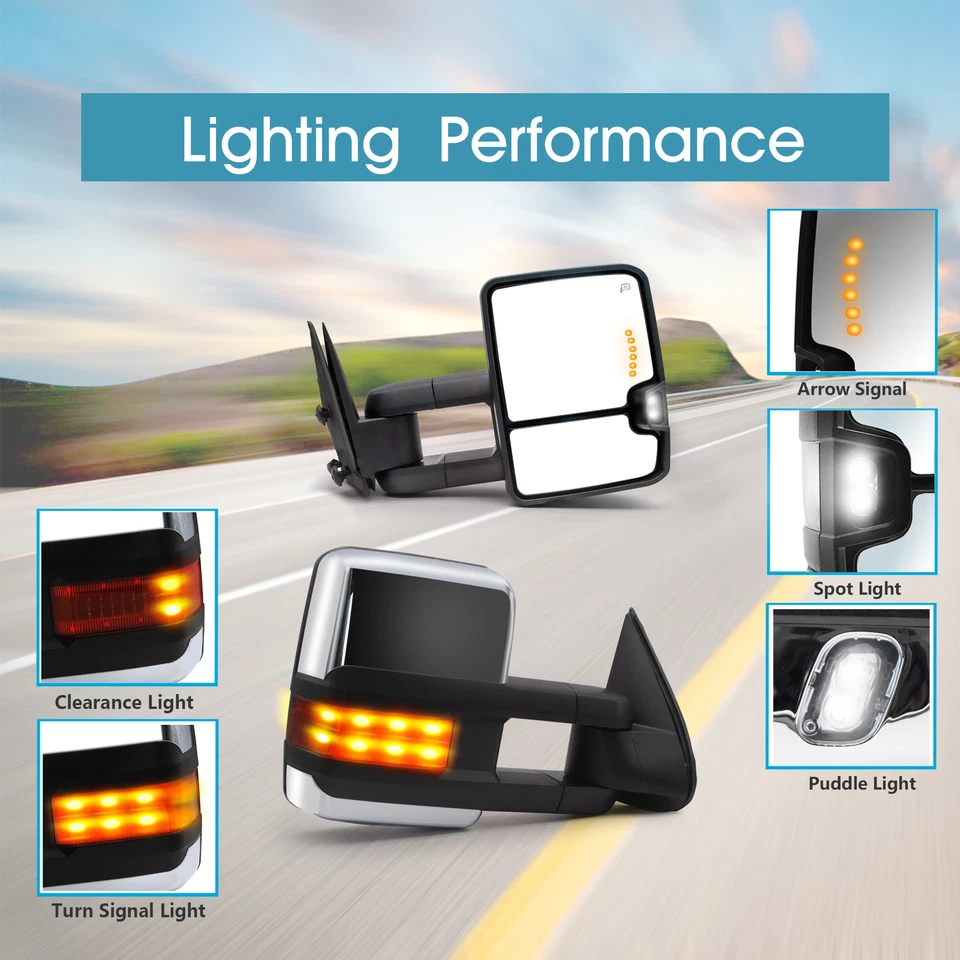 Par de espejos retrovisores de remolque luces de señal de alimentación para Chevy Silverado 1500 2003-2006 cromados Foto 3 de 4