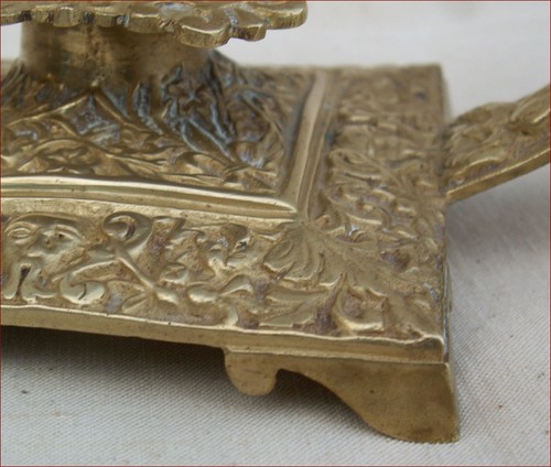 Revival Solid Engraved Bronze Pair Candlestick Candle Holder Delphins Masks 19 C - Picture 5 of 12