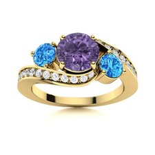 925 Silver Gold Plated 5MM Round Amethyst  Swiss Blue Topaz Three Stone Ring