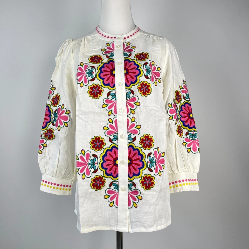 NUEVO SIN ETIQUETAS Boden Bordado Floral Mangas Largas Blanco Lino Top Camisa Blusa Talla 6 Foto 2 de 4
