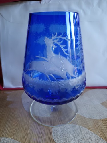 Cognac Schwenker/ Lausitz handgeschliffen / Blau, Jagd, DDR !