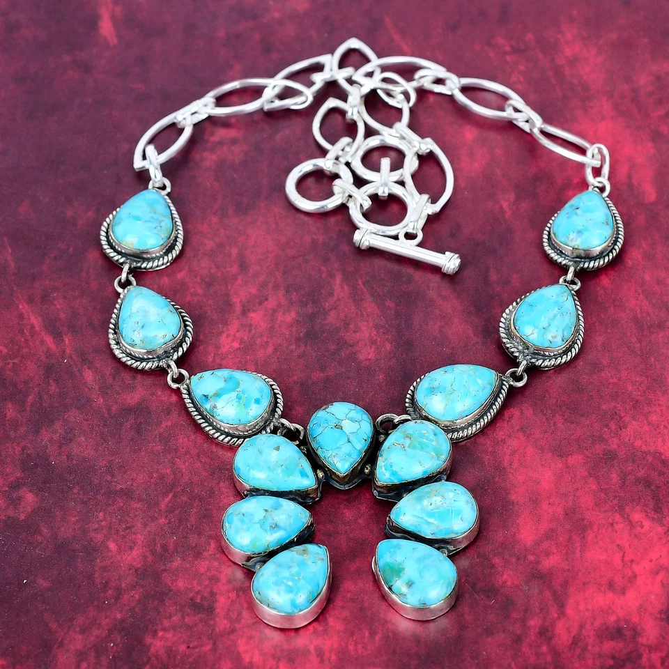 Collar de joyería de plata de ley 925 hecho a mano con piedras preciosas turquesa azul para ella Foto 3 de 4