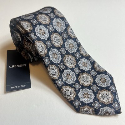 DANIEL CREMIEUX SIGNATURE Necktie Navy Medallion Persian Silk 7 FOLD Italy NEW