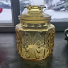 Vintage Federal Glass Atterbury Scroll Show Off Amber Canister Jar With Lid