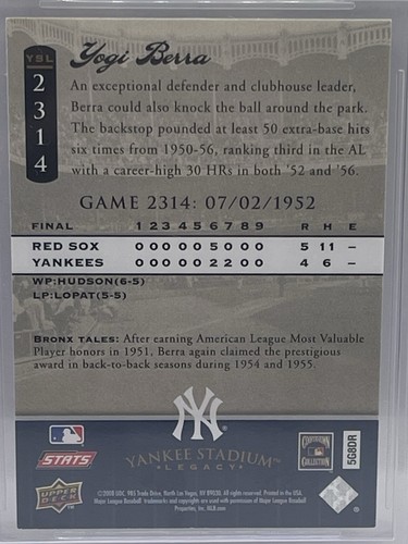 Yogi Berra Jersey Fusion 2008 UD Yankee Stadium Legacy Game Used Beckett 9 Mint - Picture 7 of 10