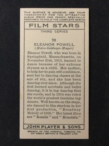 1938 Player's Film Stars Third Series #38 Eleanor Powell Excellent - Picture 2 of 2