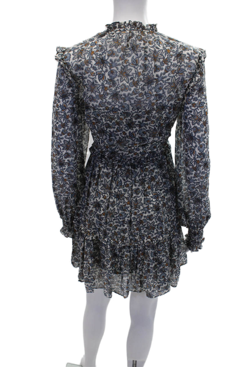 Veronica Beard Womens Long Sleeve V Neck Floral Silk Dress White Blue Size 2
