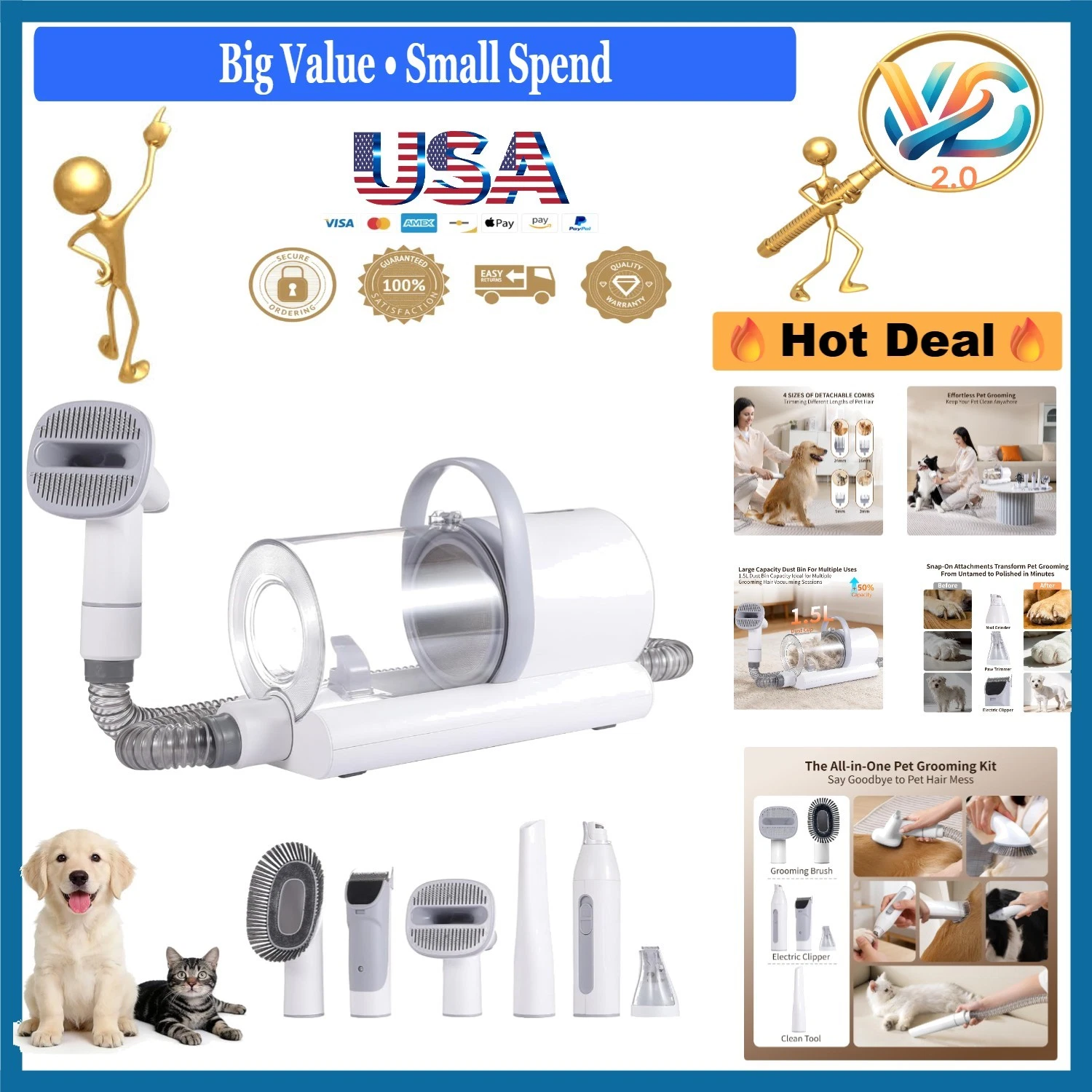 6-in-1 Dog Grooming Kit Vacuum Low Noise Shedding Hair Clippers