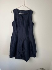 Talbots Dress Womens 10 Navy Silk Cotton Blend Fit & Flare Sleeveless Pockets