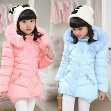 Girls Kids Winter Padded Coat School Quilted Jacket Puffer Fur Hooded Long Parka