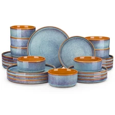 ONION Ceramic Plates and Bowls Sets, 24 Pieces Blue Dinnerware Sets for Kitch...