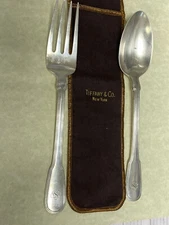 TIFFANY&CO LOT OF 2 HAMILTON SERVING SPOON AND DESSERT/SALAD FORK 1938 ~W/POUCH