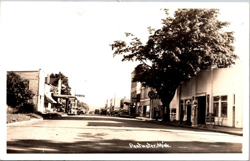 Postcard RPPC Pentwater Michigan Main Street Gas Station Garage Unposted