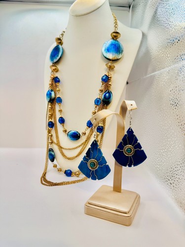 33" Estate Multi-strands MURANO Royal Blue Glass Beads Necklace, Horn Earrings - Picture 6 of 16