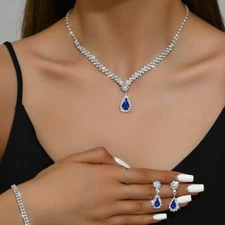 Womens Elegant Necklace Earrings Set CZ Love Drop Pendant Jewelry Silver Steel