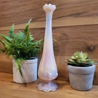 Vtg Fenton Cabbage Rose Unique Pink Iridescent Carnival Milk Glass 8.5" Bud Vase
