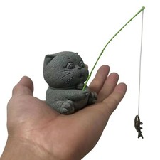 livelyfish Fishing Cat Statue Fisherman Figurines Sandstone Sculpture for Fai...