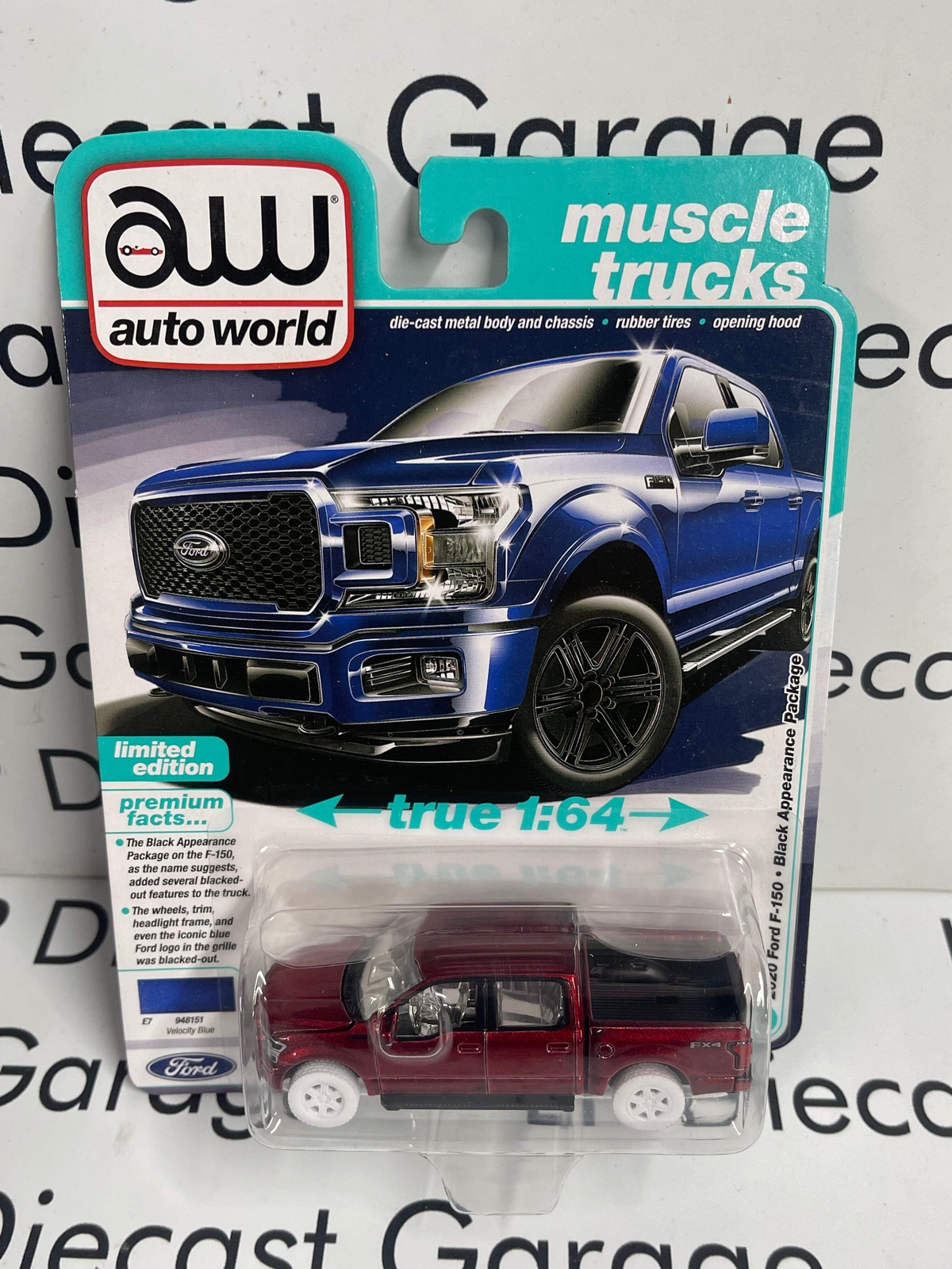 2020 Ford F-150 Velocity Blue Ultra Red Chase 1:64 Diecast Muscle Truck