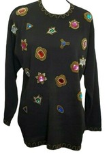 Vintage 80s Victoria Harbour Sweater Medium Bedazled Rhinestones Beads Black