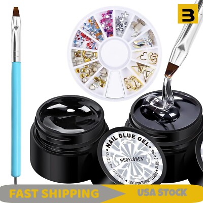 Rhinestone Glue for Nails No Wipe Super Strong Adhesive Gel with Charms & Brush