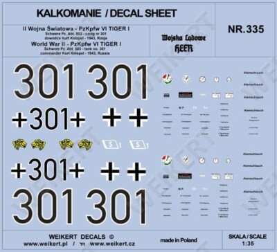 1:35 DECALS - DEC335 - KNISPEL TIGER - Markings for Tank Pzkpfw VI TIGER - 301