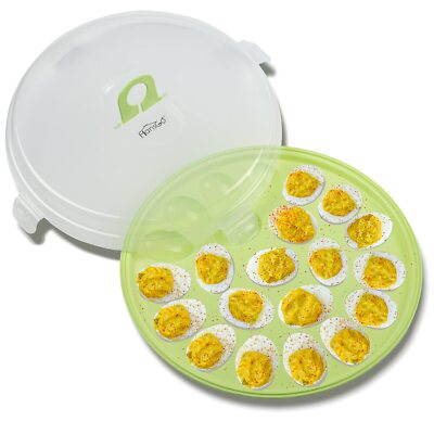 HANSGO Round Deviled Egg Platter and Carrier With Lid - 22 Medium Green