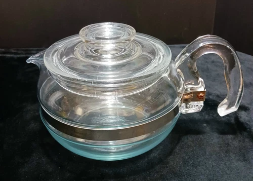 Pyrex Flameware 8336 Flamex Vintage 6 Cup Glass Tea Pot Kettle Tab Lid blue tint