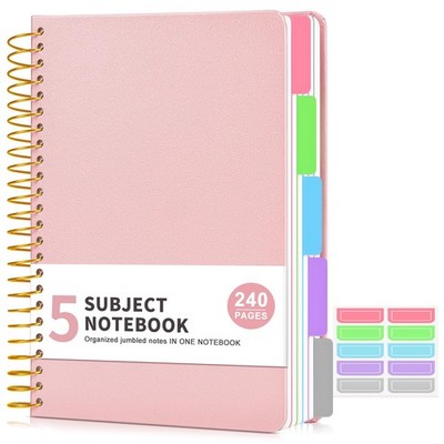 5 Subject Notebook College Ruled, A5 Hardcover Spiral with A5, Pink 