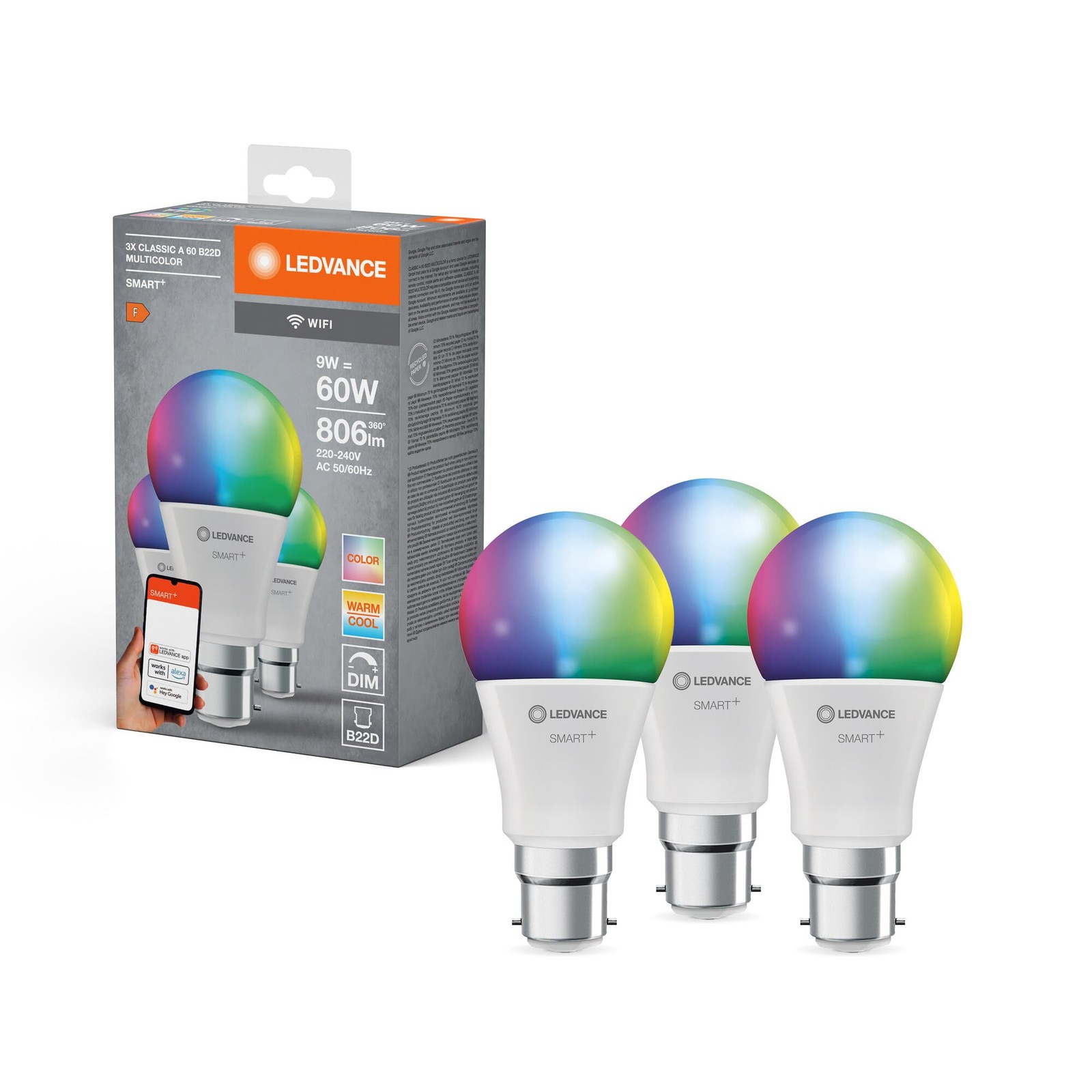 Ampoule connectée WiFi B22d à intensité variable et couleurs