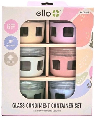 Ello Glass Condiment Containers Set Of 6. Leak Proof, 4oz Each, BPA Free, New