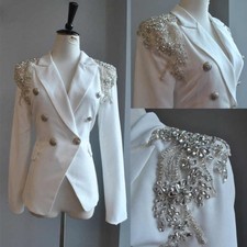 Women Shoulder Crystal Suit Double Breasted Fitted Blazer Tailored Silhouette