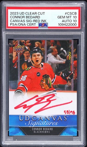 Connor Bedard [Red Ink] #CS-CB 2023 Upper Deck Clear Cut Canvas Signature card