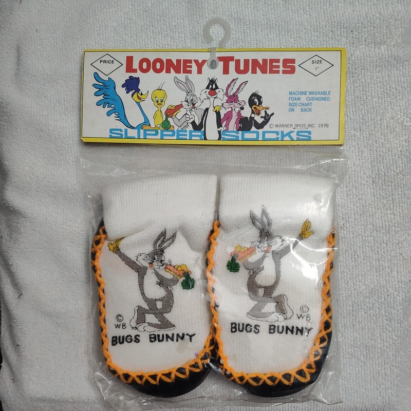 Vintage 1978 Looney Tunes Bugs Bunny Slipper Socks Size 5 Kids New Sealed