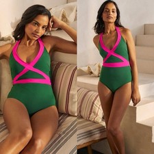 Boden Kefalonia Swimsuit Pink Green Tummy Control Padded Halter Neck 16/18