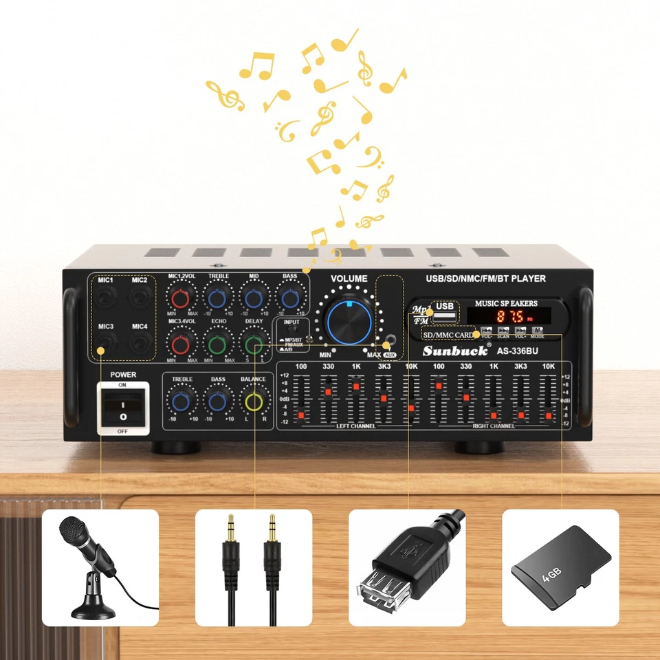 Amplificador de Potencia HiFi Estéreo Sunbuck 2000W Bluetooth 5.0 Karaoke FM USB EQ AUX Foto 3 de 4