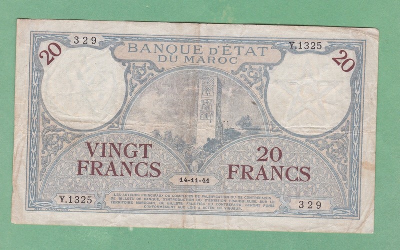 Morocco  20  Franc  Note   14-11-41   P-18b   FINE