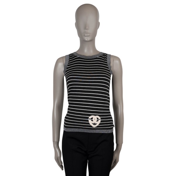 Chanel Schwarz-Creme gestreiftes Kaschmir-Stricktop 34 XXS