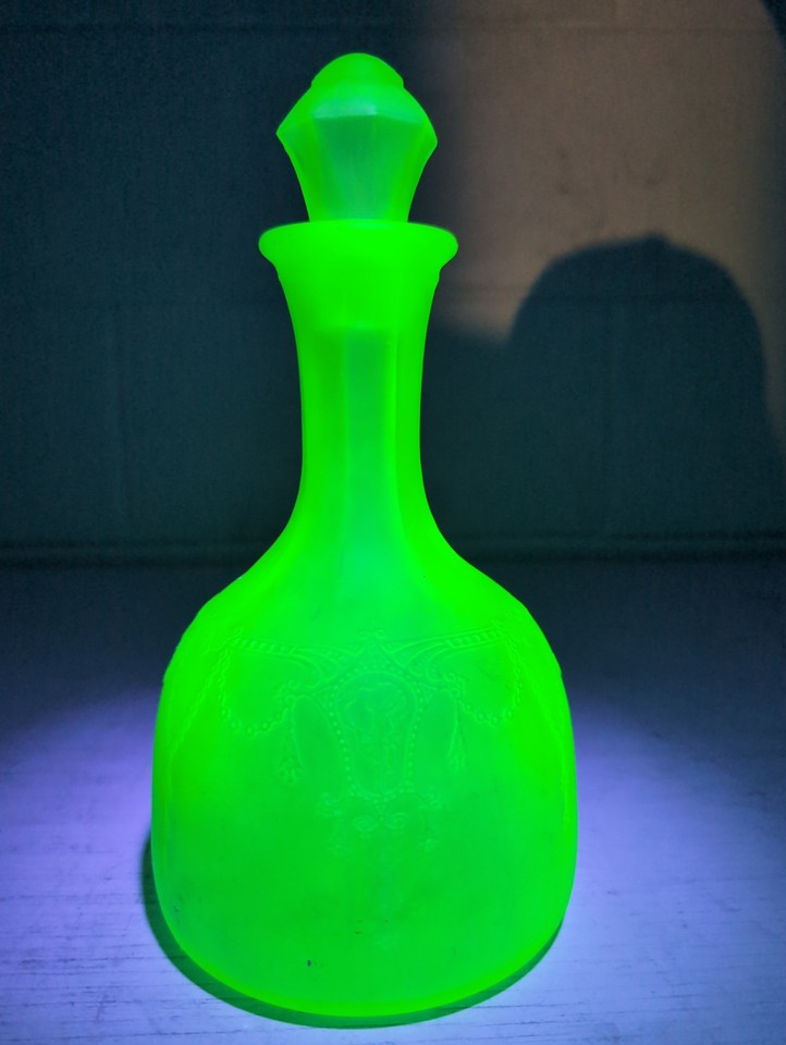 Vintage Uranium Vaseline Glass Decanter with Stopper UV Reactive Barware READ