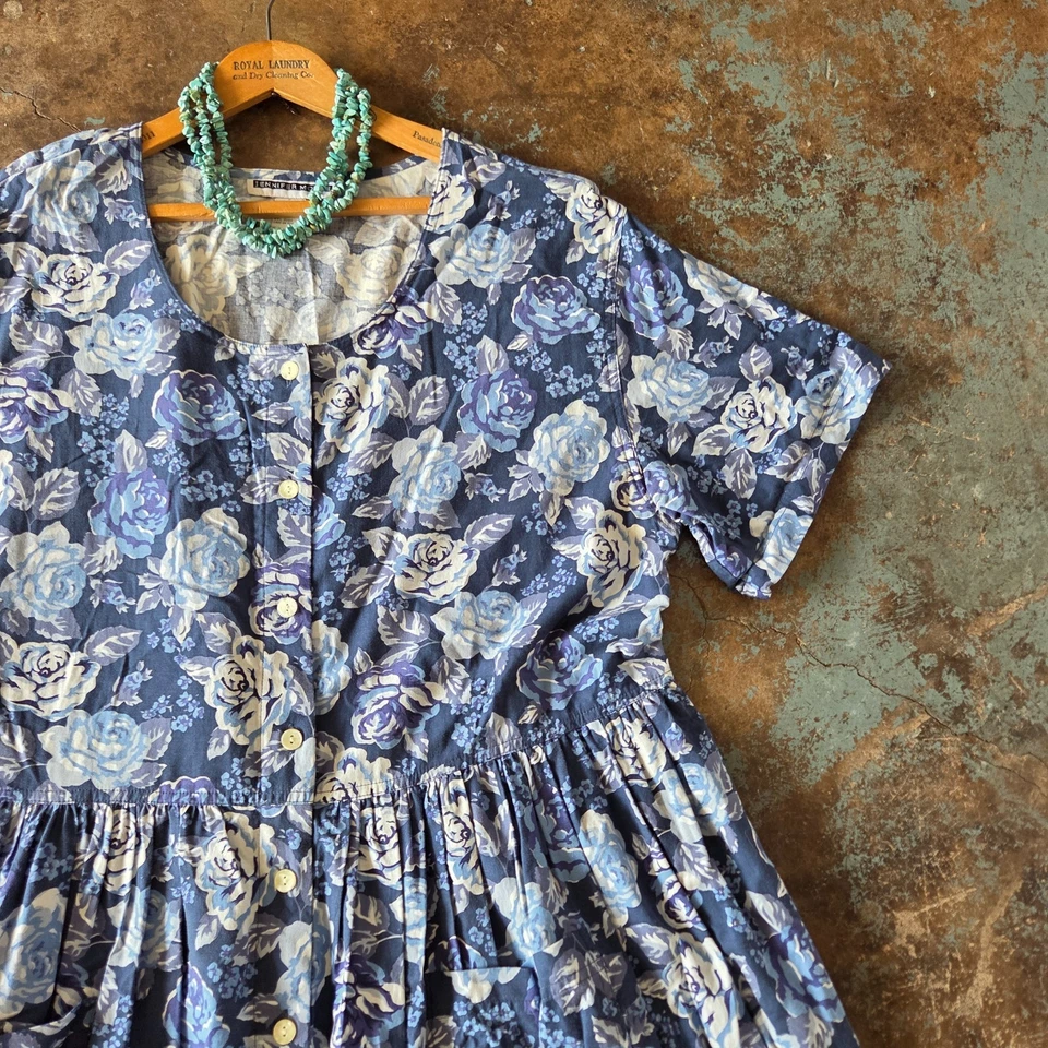 Vestido midi vintage años 90 estampado floral talla grande 1X rosas azules cottage grunge Foto 3 de 4