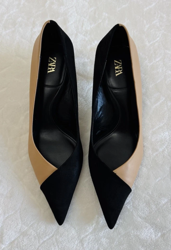ZAPATOS DE TACÓN EN CONTRASTE Zara Talla 37 EE. UU. Talla 7 Dos Tonos Tacones Altos Negro y Tostado Foto 2 de 4