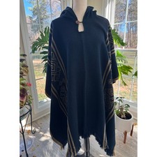 Poncho Alpaca Wool Blue/Gold Geometric Pattern OS Boho Southwestern Hooded
