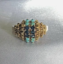 18K YELLOW GOLD - ART DECO STYLE RING - TURQUOISE AND SAPPHIRE RING -SIZE 7 1/4