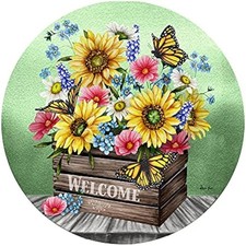 Round Metal Tin Sign Wall Decor Country Floral Welcome Wreath 8x8