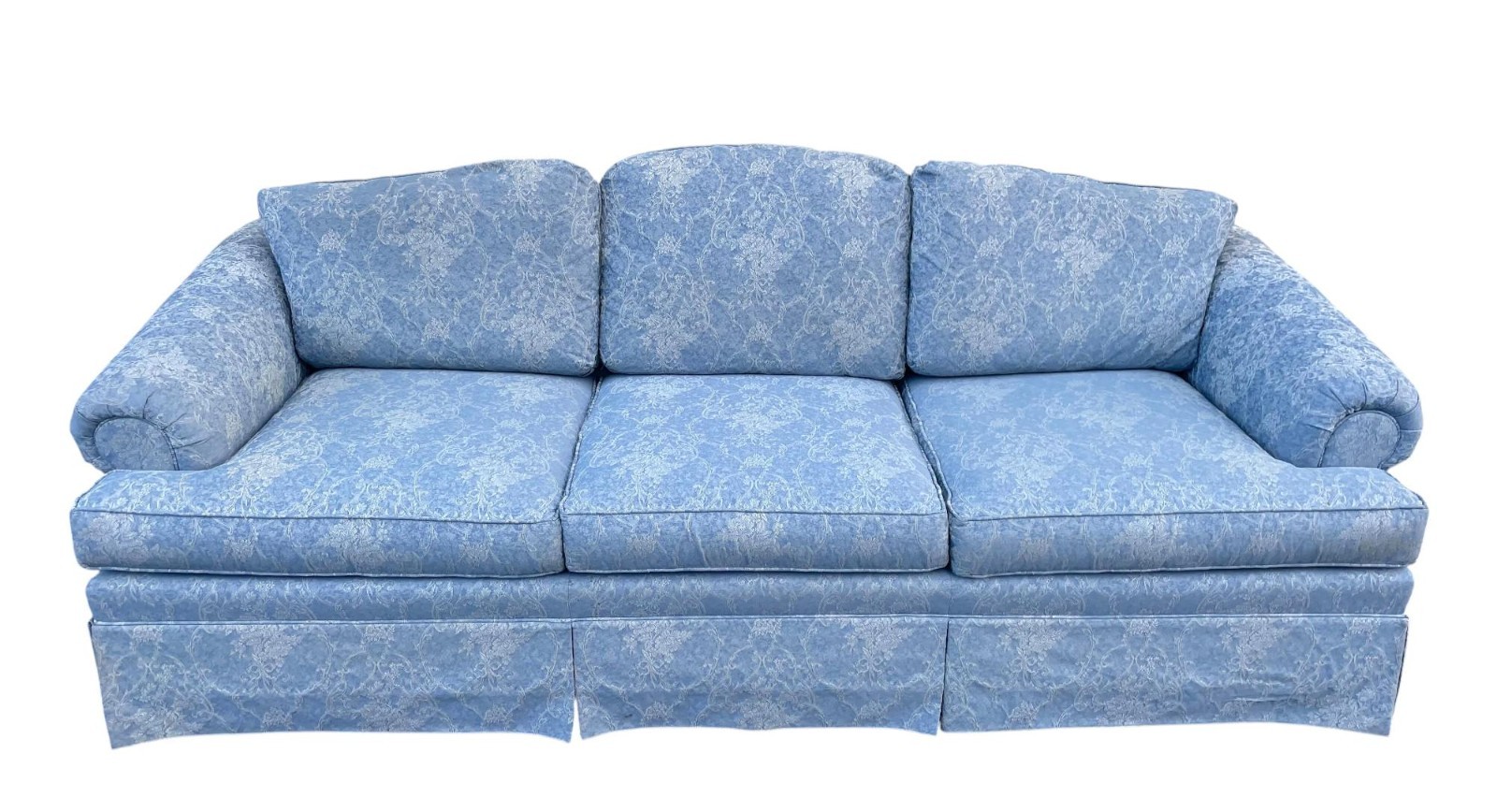 Vintage Blue Floral Skirted Ethan Allen Sofa