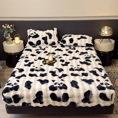 3 Piece Milk Velvet Fitted Bed Sheet Thick Flannel Printed Mattress Bed Cover
