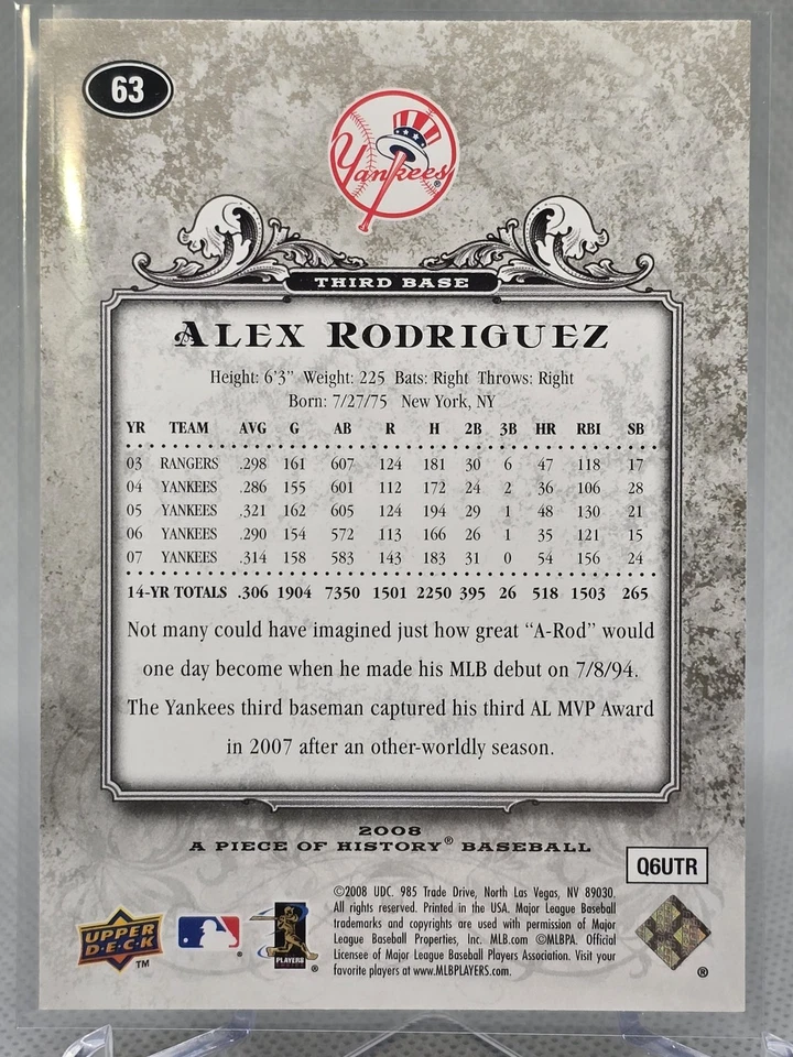 2008 Upper Deck A Piece of History #63 Alex Rodriguez Silver - Image 2 of 2