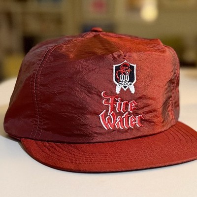 Vintage Fire Water Snapback Hat 100 Proof Cinnamon Schnapps Burgundy Nylon EUC