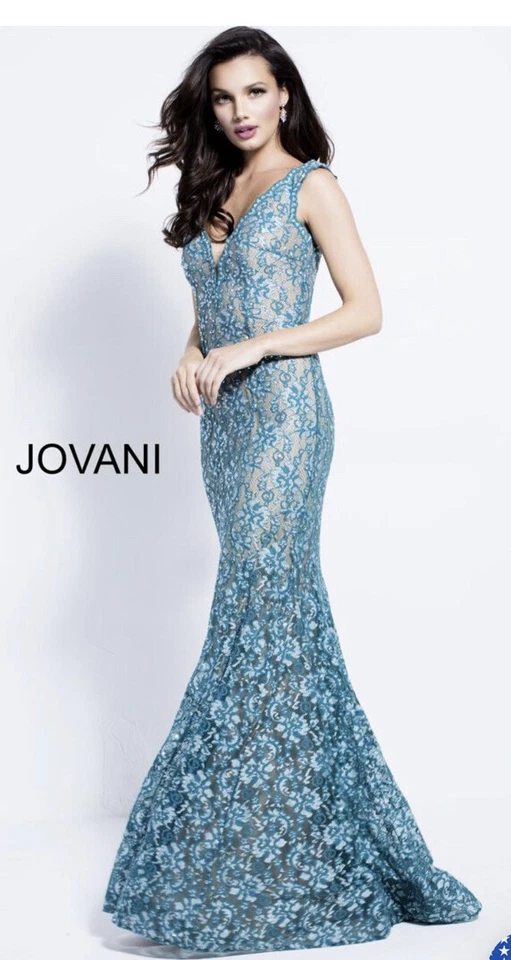 Jovani Floral Lace Beaded Prom Fitted Long Evening Gown Size 4 Blue Green - Image 4 of 4