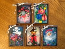NEW 5 Handcrafted Wooden 50's Style Christmas Ornaments / Hang Tags Set50